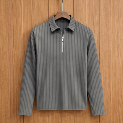 Men's grey long-sleeve rib-knit zip neck polo with pointed collar on a wooden hanger