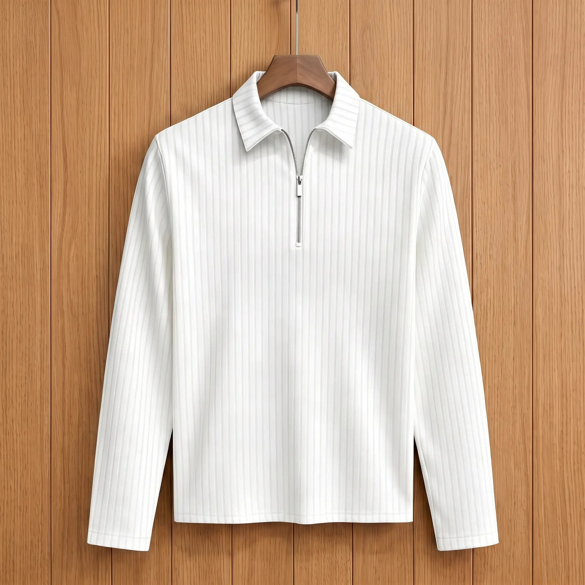 Men's white long-sleeve rib-knit zip neck polo with pointed collar on a wooden hanger