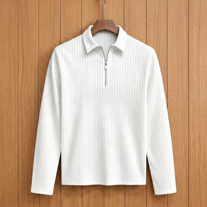 Men's white long-sleeve rib-knit zip neck polo with pointed collar on a wooden hanger