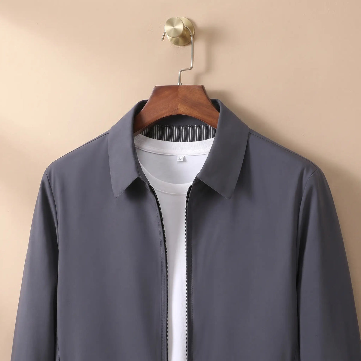 Zip Pocket Jacket in Grey, collar and striped lining detail