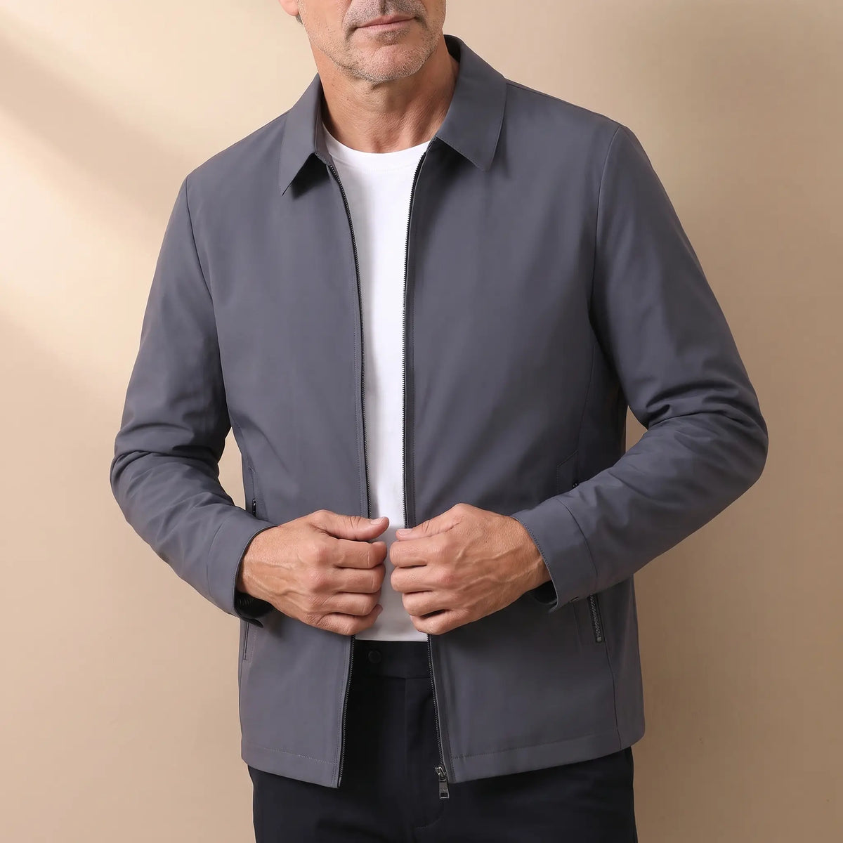 Zip Pocket Jacket in Grey, worn over a white tee