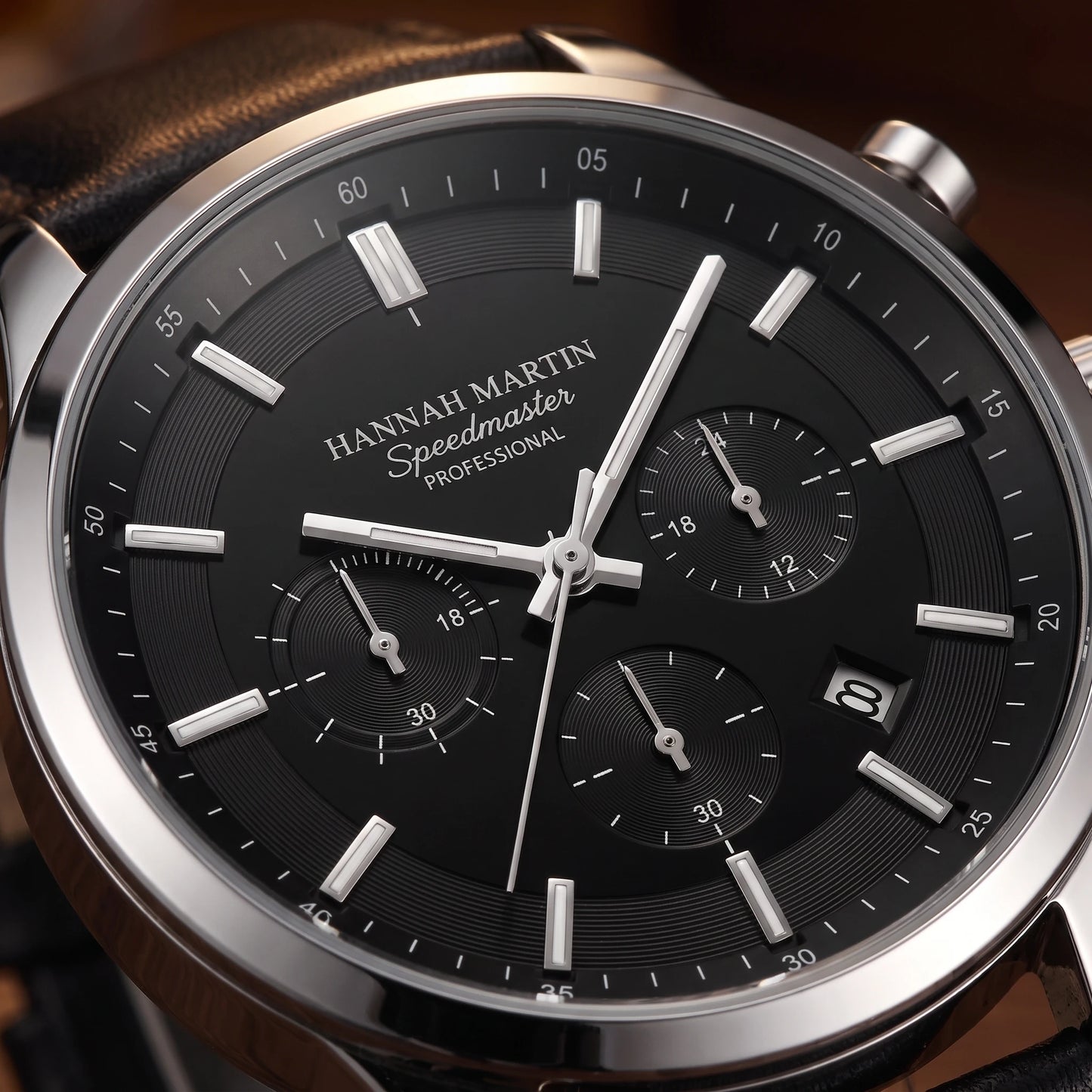 LEATHER CHRONOGRAPH WATCH silver dial close up detail