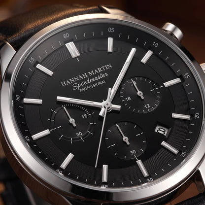 LEATHER CHRONOGRAPH WATCH silver dial close up detail