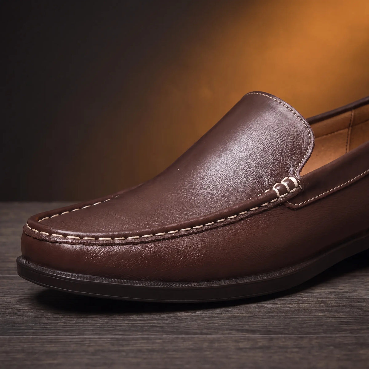 Smooth Leather Toe Loafers brown front detail, moc-toe stitching