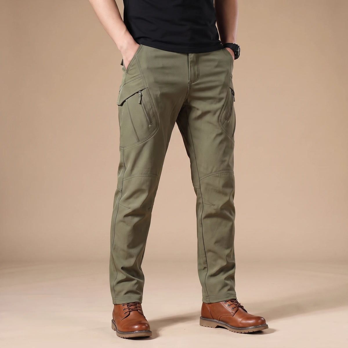 Stretch cargo trousers in green, worn front view in a warm studio