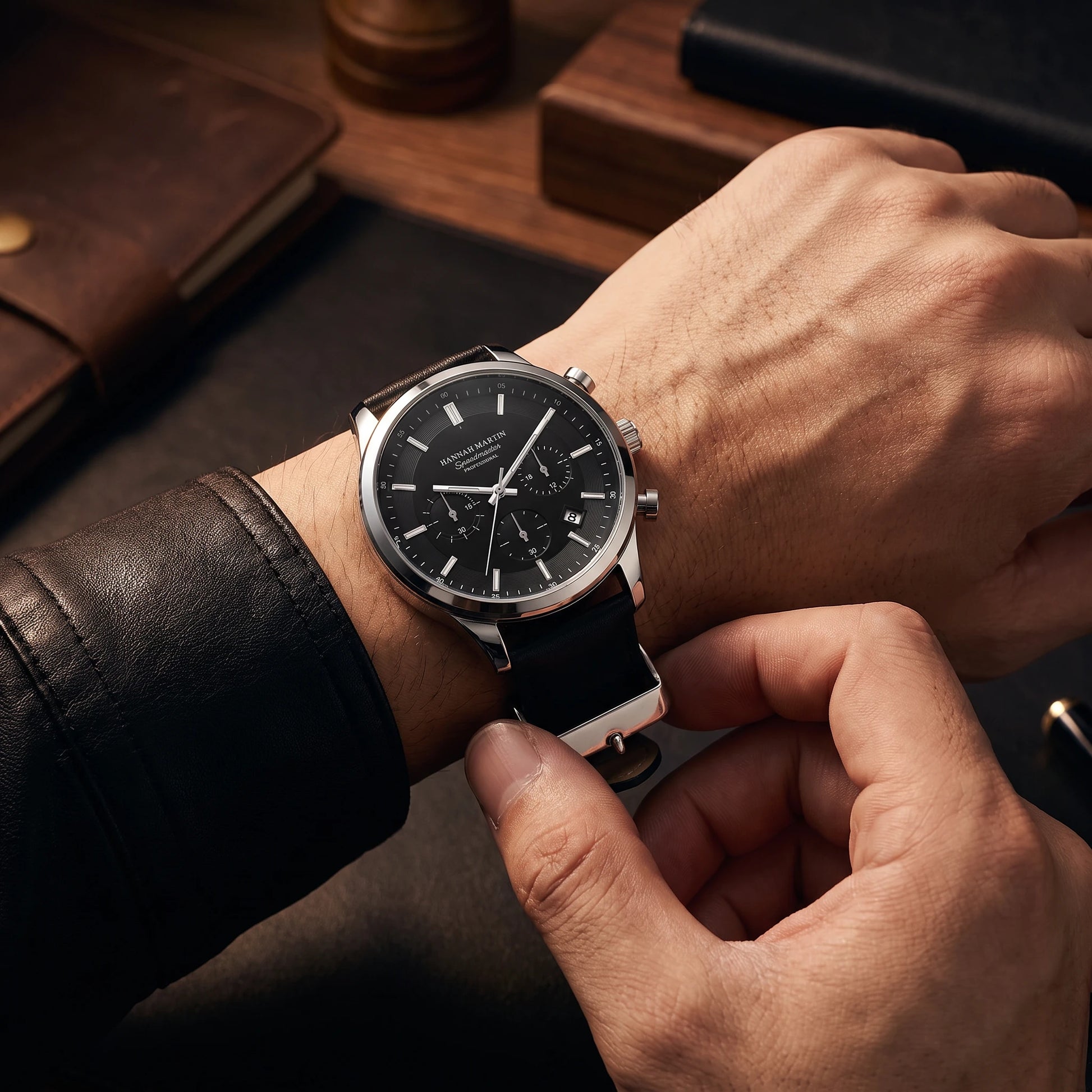 LEATHER CHRONOGRAPH WATCH being fastened onto the wrist