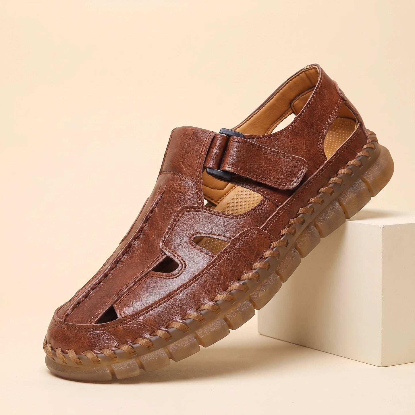 Adjustable Strap Sandals brown perforated leather fisherman sandal