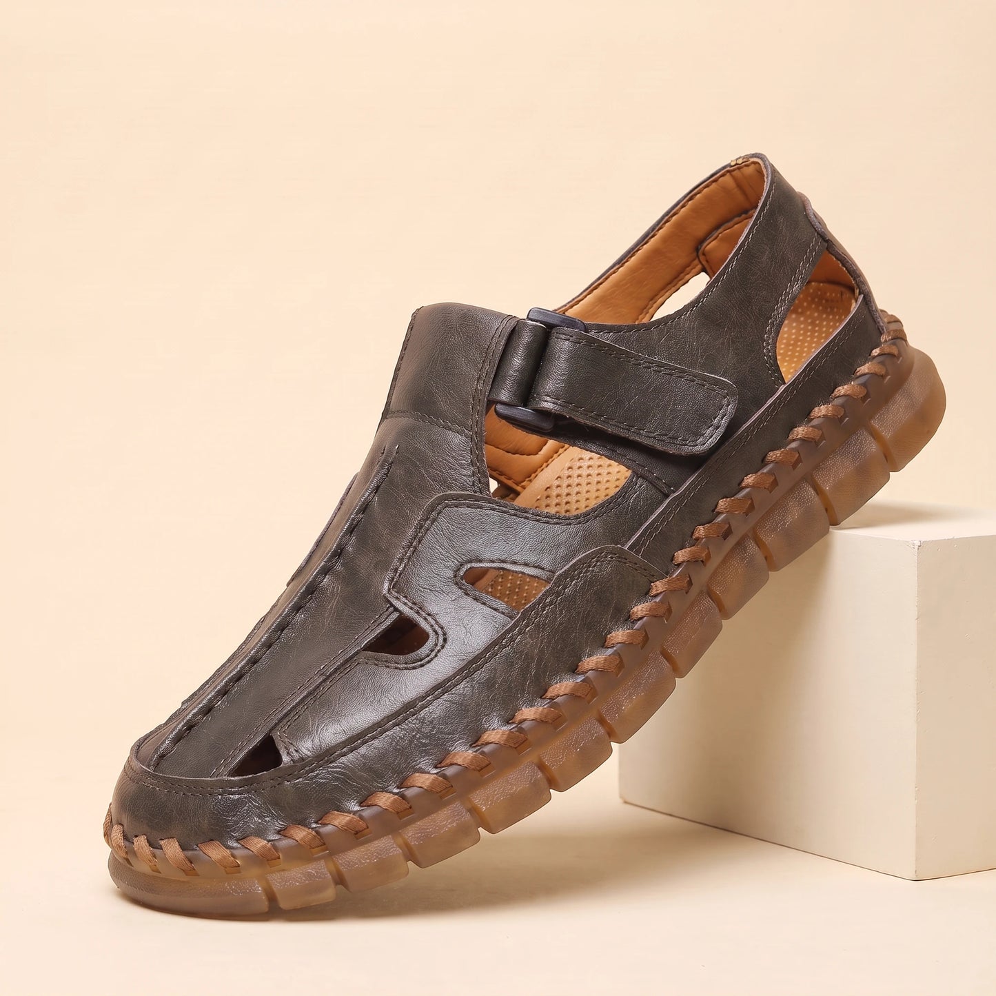 Adjustable Strap Sandals dark grey perforated leather fisherman sandal