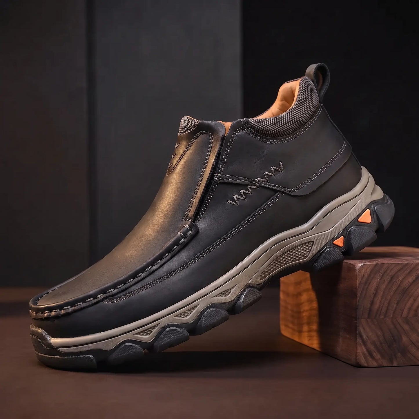 Apron Toe Shoes for men in black, laceless leather slip-on with stretch side panels
