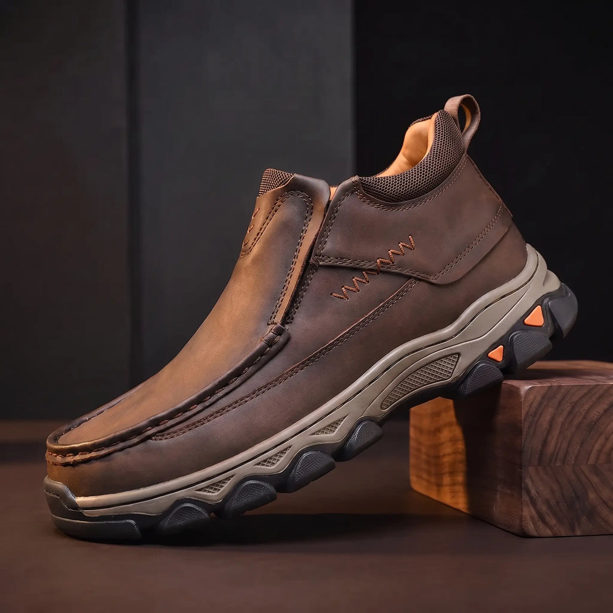 Apron Toe Shoes for men in dark brown, laceless leather slip-on with padded collar