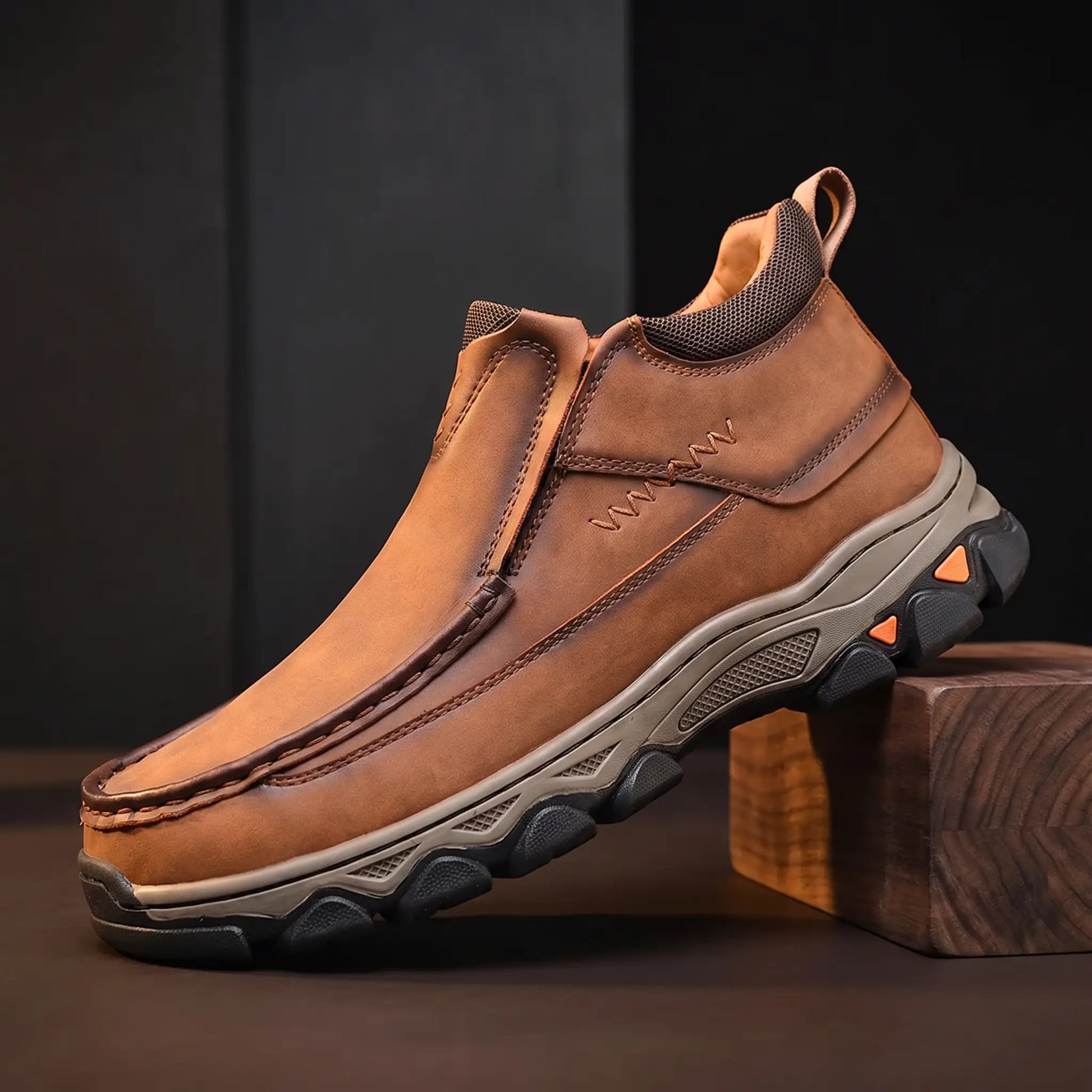 Apron Toe Shoes for men in light brown, laceless leather slip-on with chunky grip sole