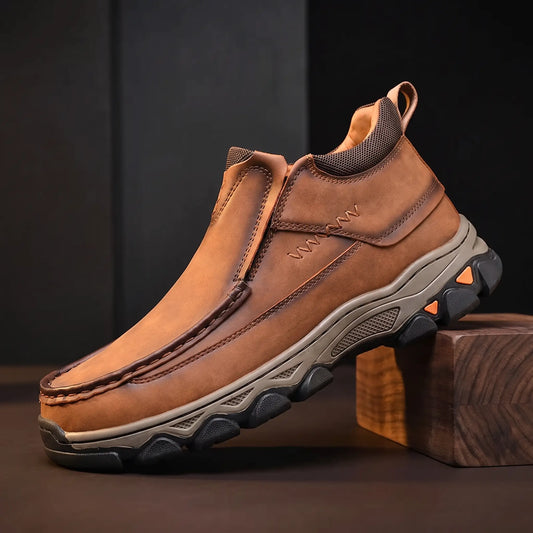 Apron Toe Shoes for men in light brown, laceless leather slip-on with chunky grip sole