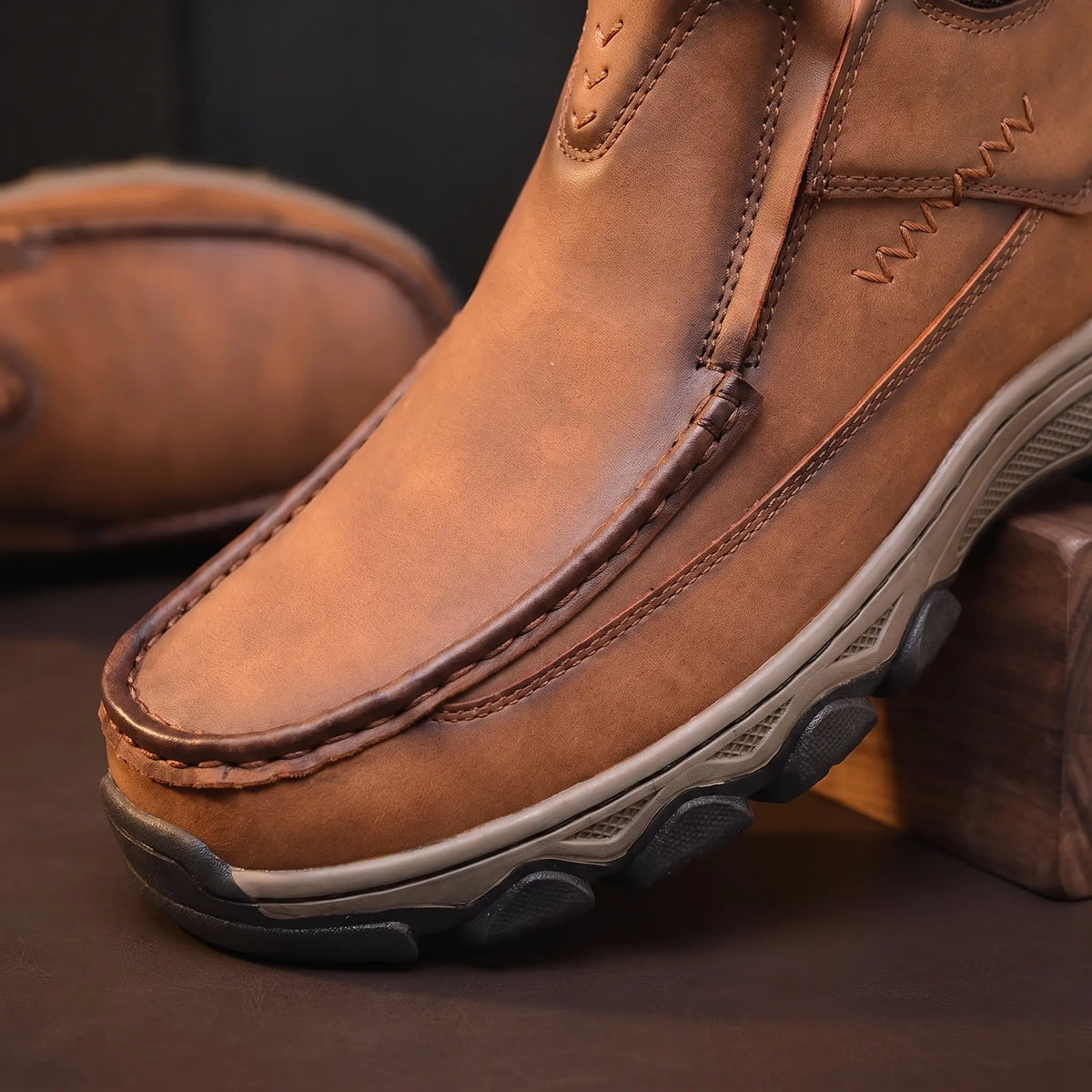 Close up of the apron toe seam and zigzag stitch detail on Apron Toe Shoes