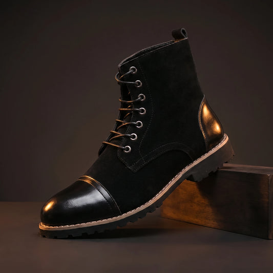 Black glossy patent leather ankle boots for men