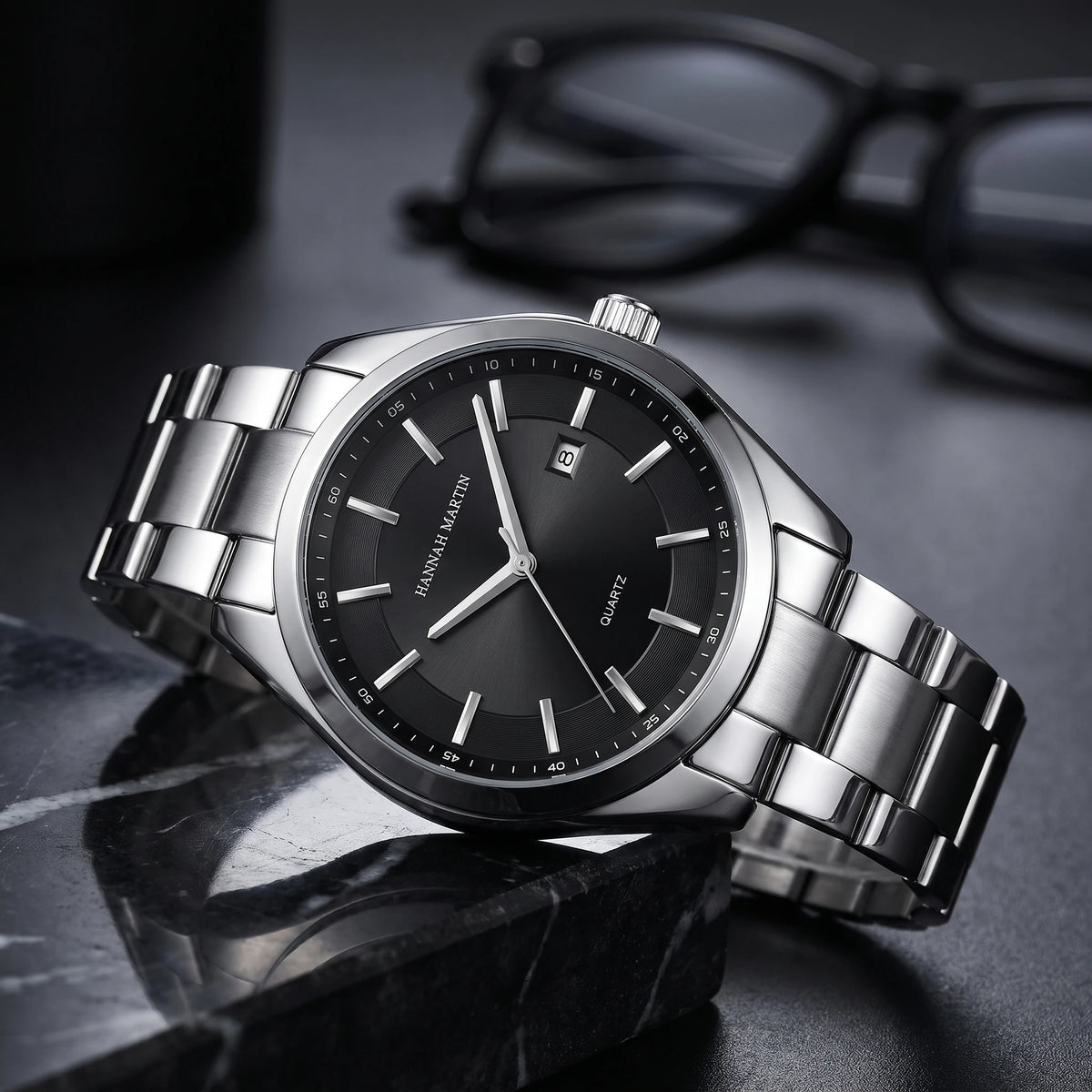 Silver Black quartz watch with stainless steel case and black dial