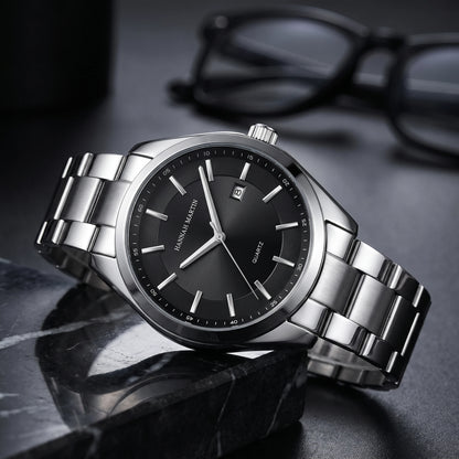 Silver Black quartz watch with stainless steel case and black dial