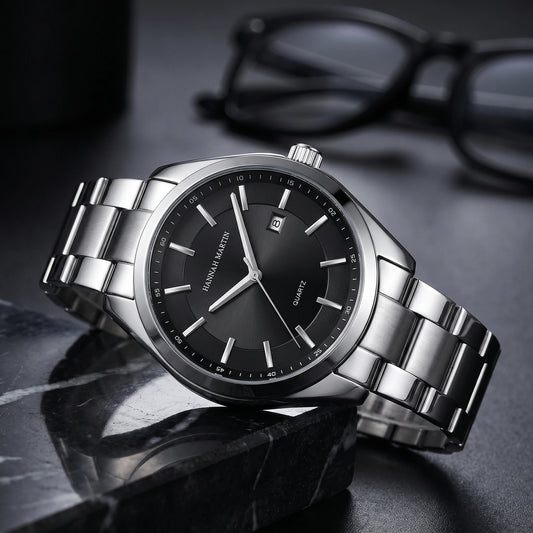 Silver Black quartz watch with stainless steel case and black dial