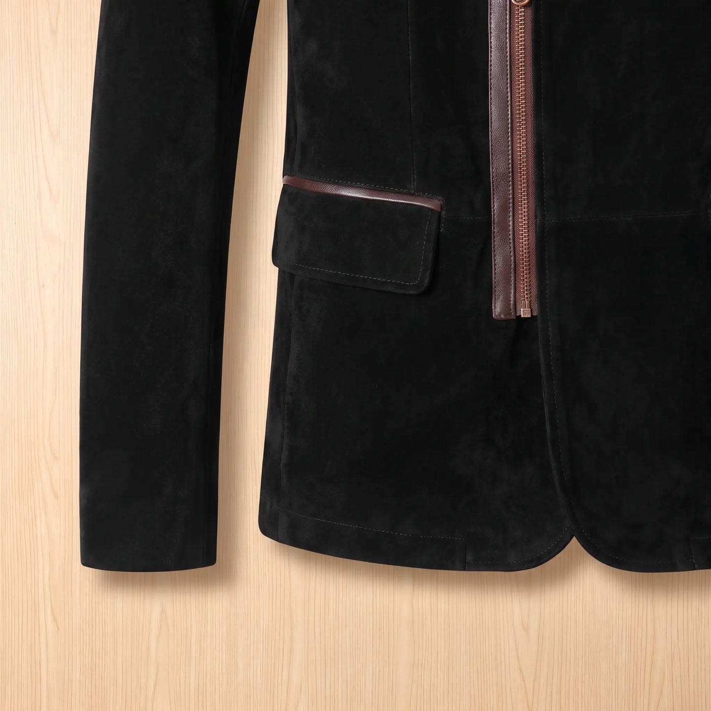 Angled Zip Jacket flap pocket and hem detail
