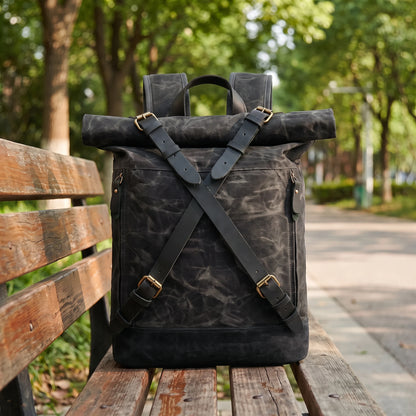 Rugged waxed canvas roll top backpack in black