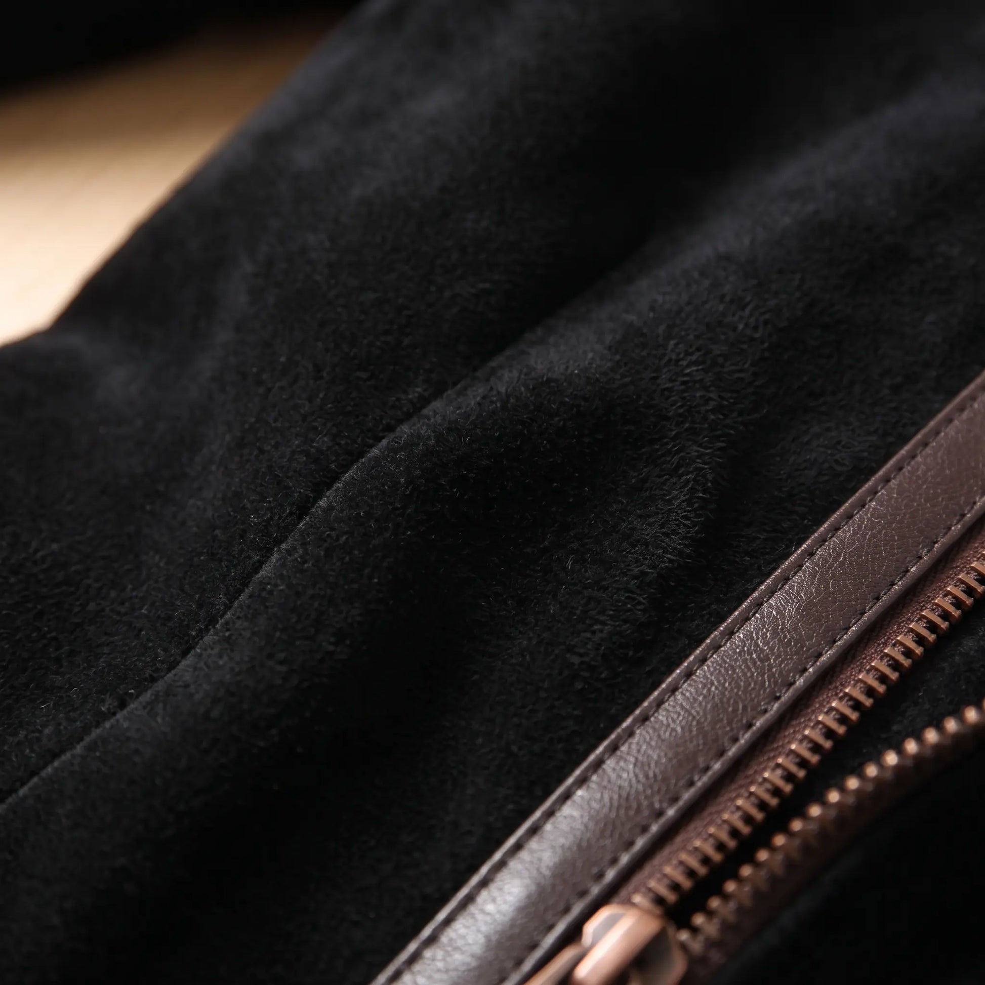 Angled Zip Jacket velvet fabric and trim close-up