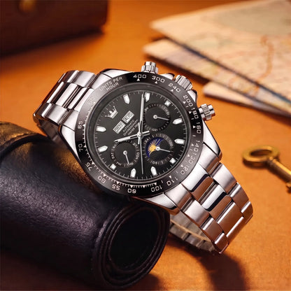 Black Bezel Watch with black dial, moon phase and day dial, on a polished steel link band