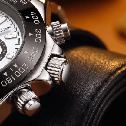Close up of the ridged crown, two buttons and engraved black bezel on the Black Bezel Watch