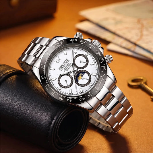 Black Bezel Watch with white dial, moon phase and day dial, on a polished steel link band
