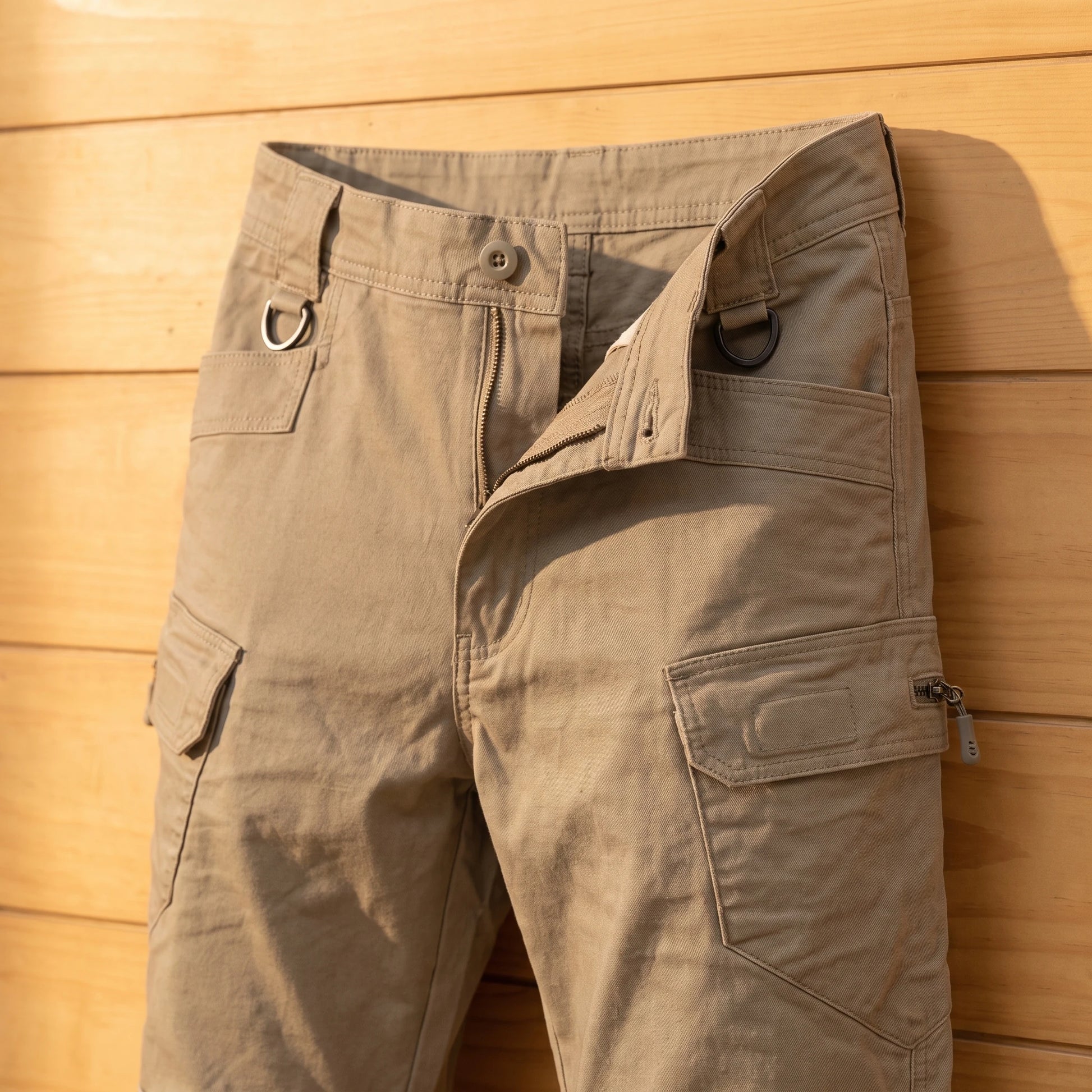 Multipocket cotton cargo pants waistband and cargo pocket detail close-up