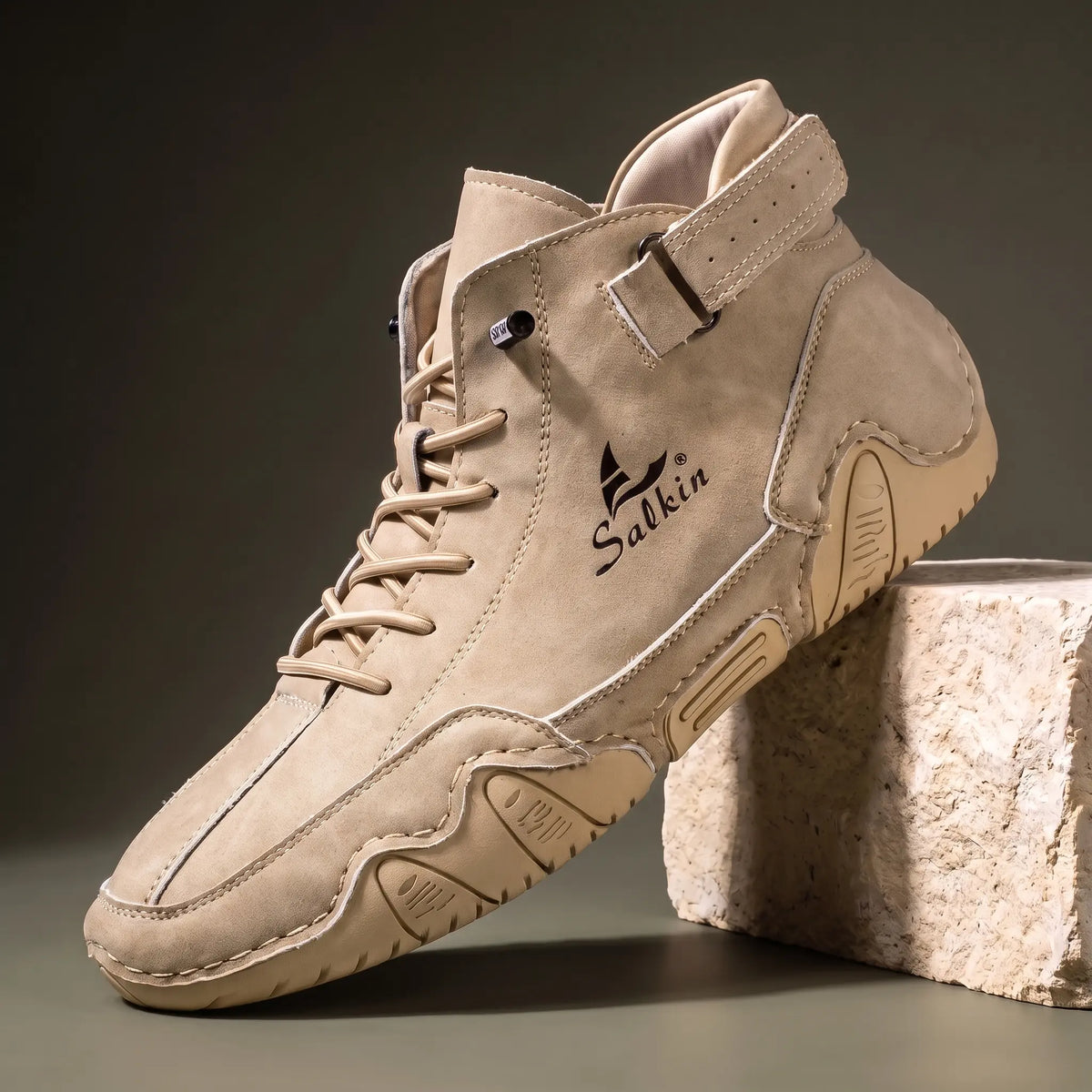 Men's sand beige suede high top ankle boot sneaker with padded collar and cream wave sole
