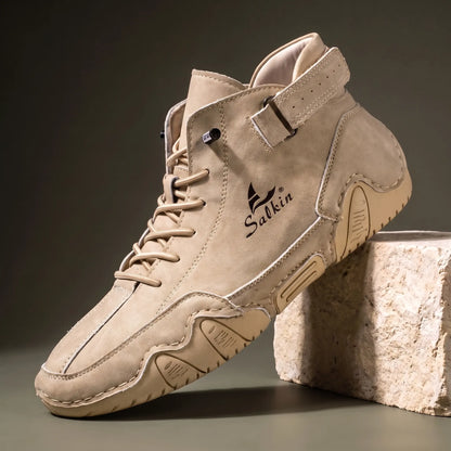 Men's sand beige suede high top ankle boot sneaker with padded collar and cream wave sole