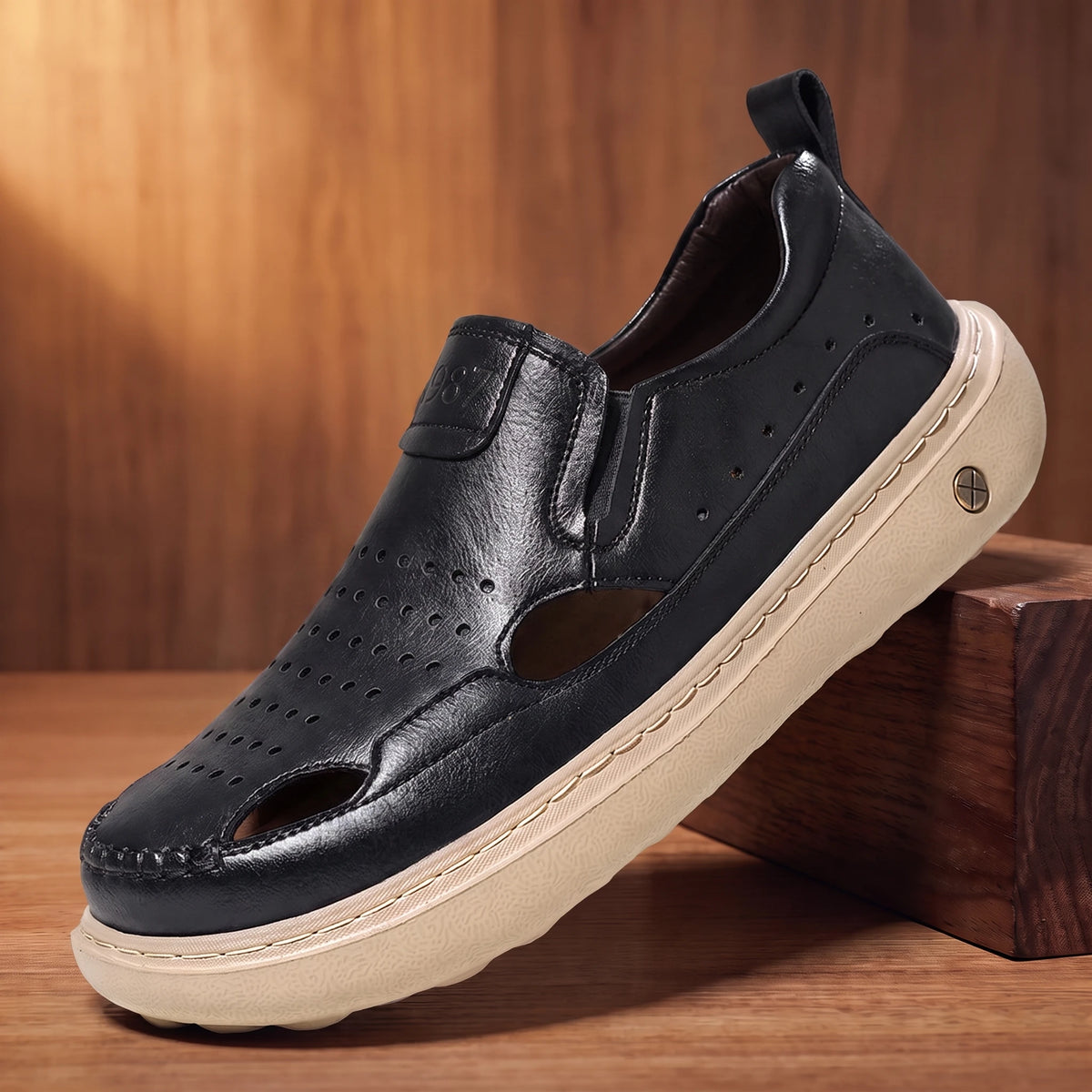 Classic Breathable Sandals black perforated leather fisherman slip-on sandal