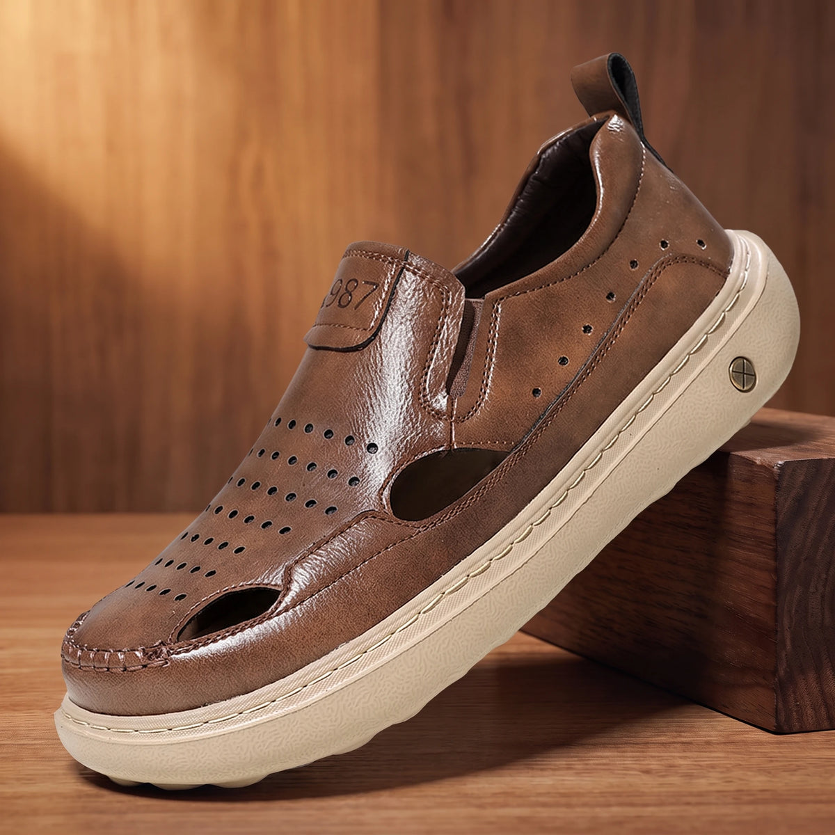 Classic Breathable Sandals brown perforated leather fisherman slip-on sandal