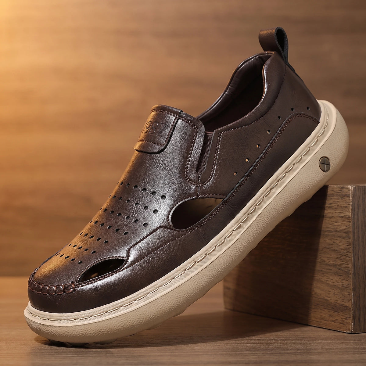Classic Breathable Sandals coffee brown perforated leather fisherman slip-on sandal