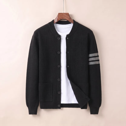 Black knit button cardigan coat on hanger