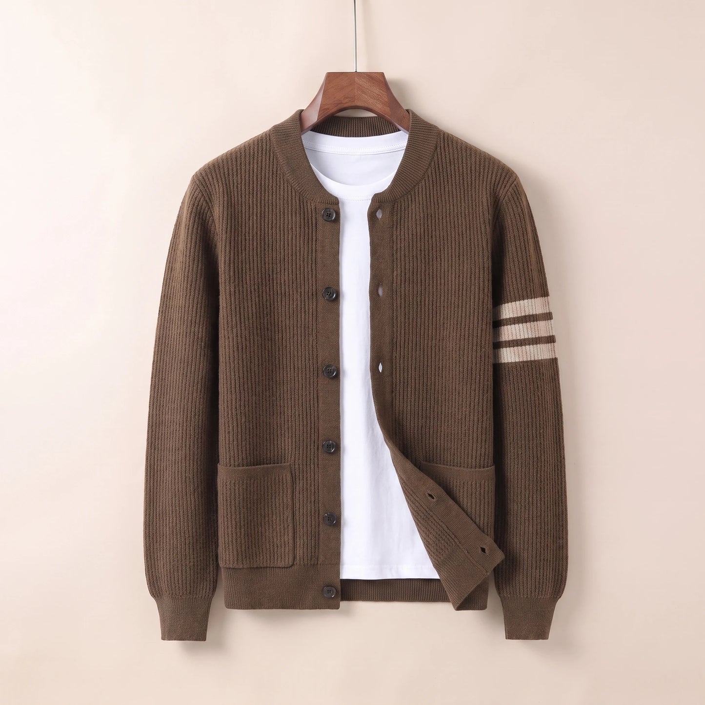 Brown knit button cardigan coat on hanger