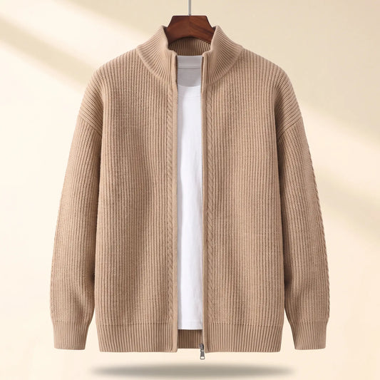 Cold Weather Cardigan in khaki, a thick ribbed knit full zip cardigan jacket with a stand collar on a wooden hanger