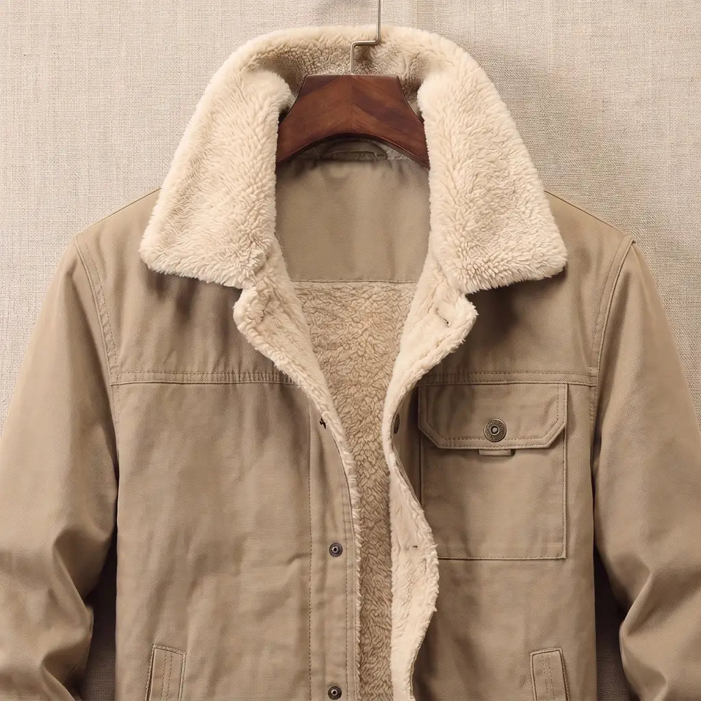 Close up of the sherpa faced collar and snap front placket