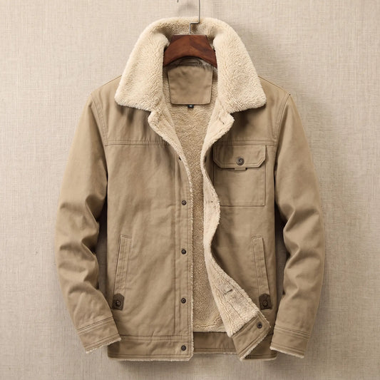 Khaki cotton canvas sherpa lined jacket on a wooden hanger
