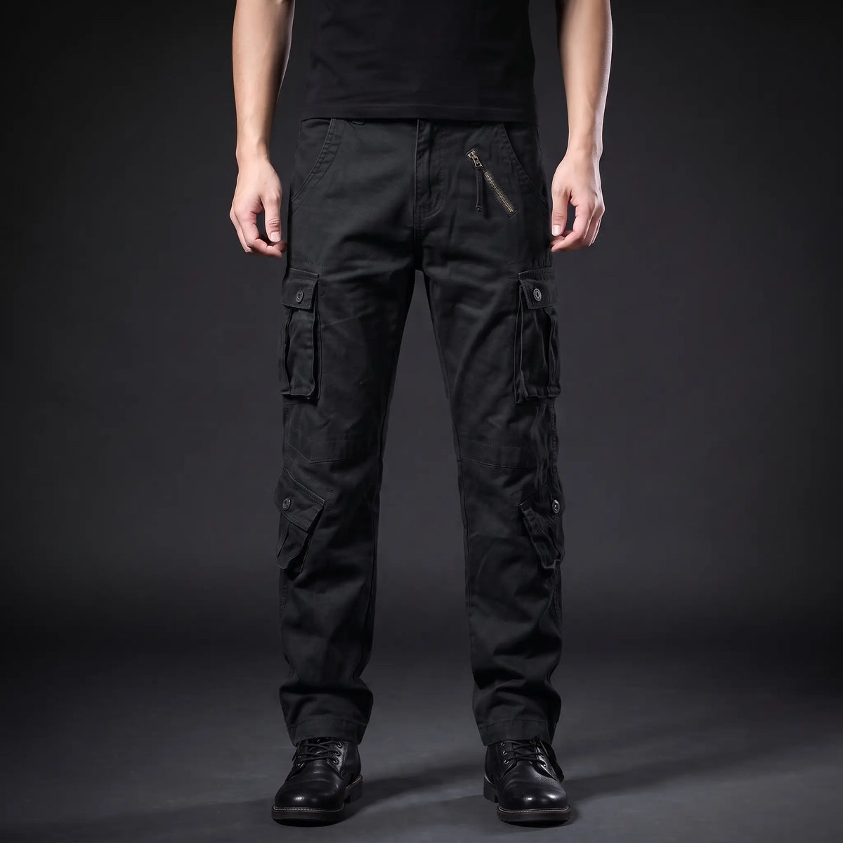 Black cotton twill cargo trousers worn on a model