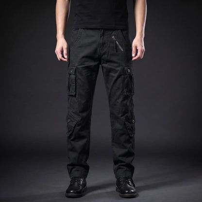 Black cotton twill cargo trousers worn on a model