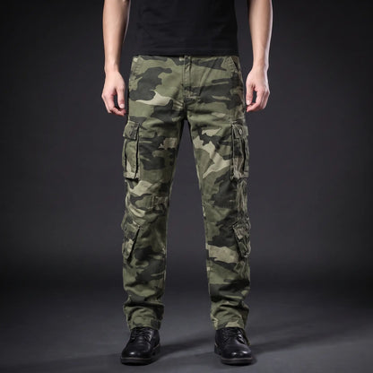 Camouflage cotton twill cargo trousers worn on a model