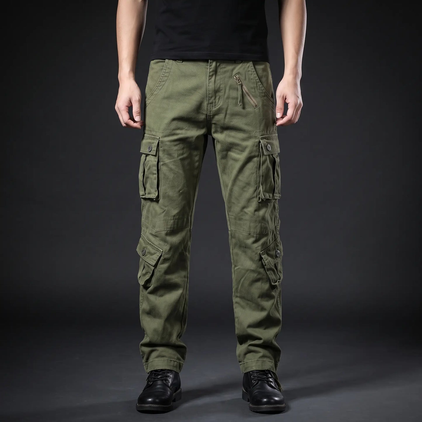 Green cotton twill cargo trousers worn on a model