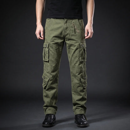 Green cotton twill cargo trousers worn on a model