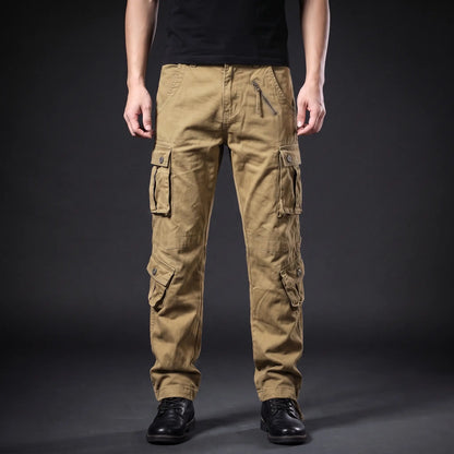 Tan cotton twill cargo trousers worn on a model