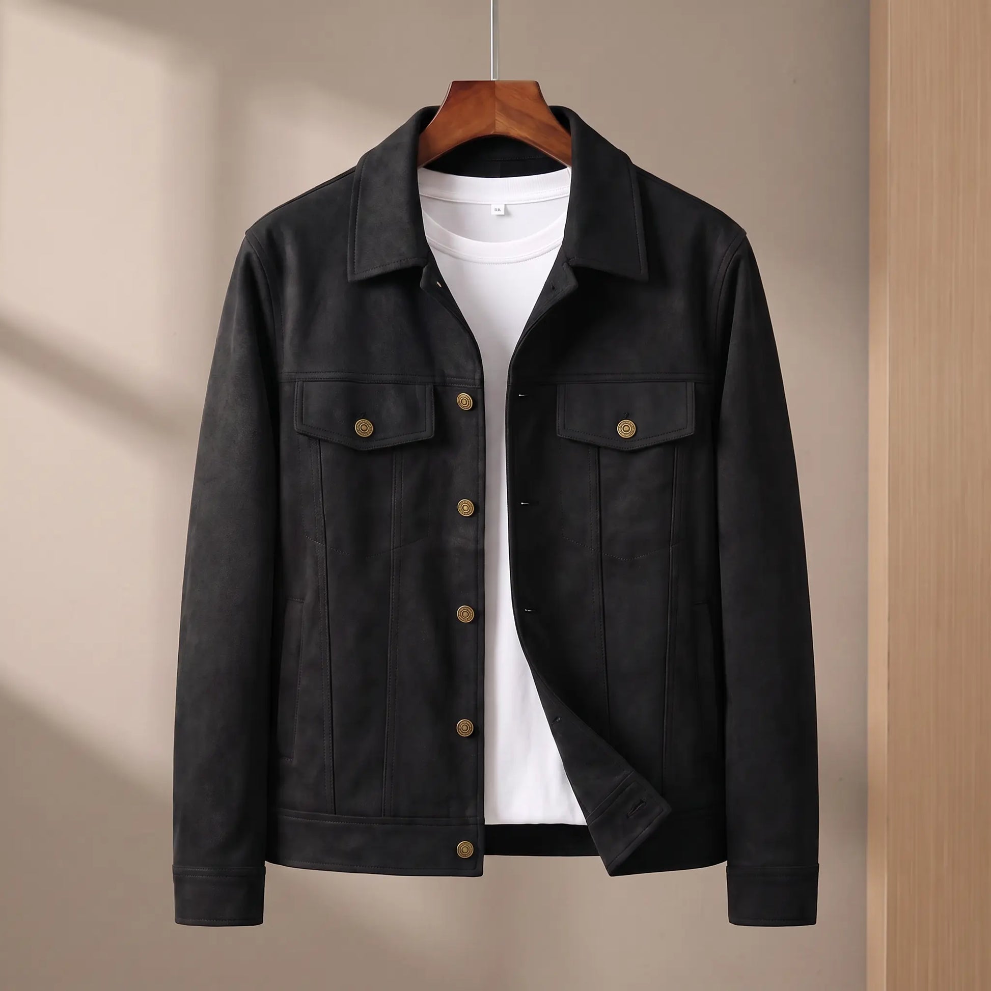 Black suede lapel jacket on wooden hanger