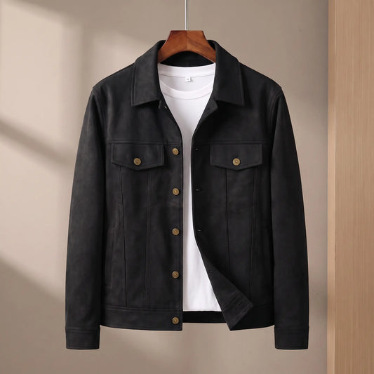 Black suede lapel jacket on wooden hanger