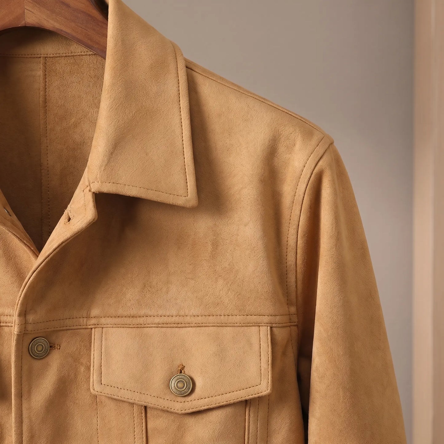 Suede jacket collar and chest pocket detail