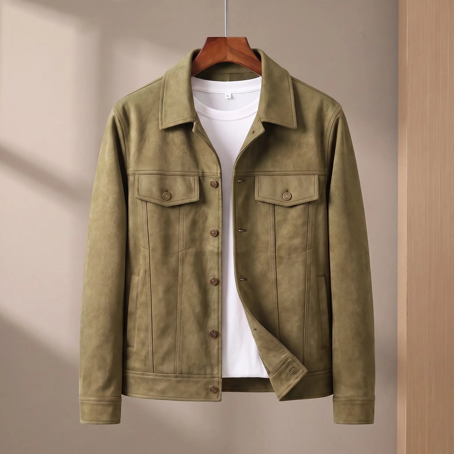 Green suede lapel jacket on wooden hanger