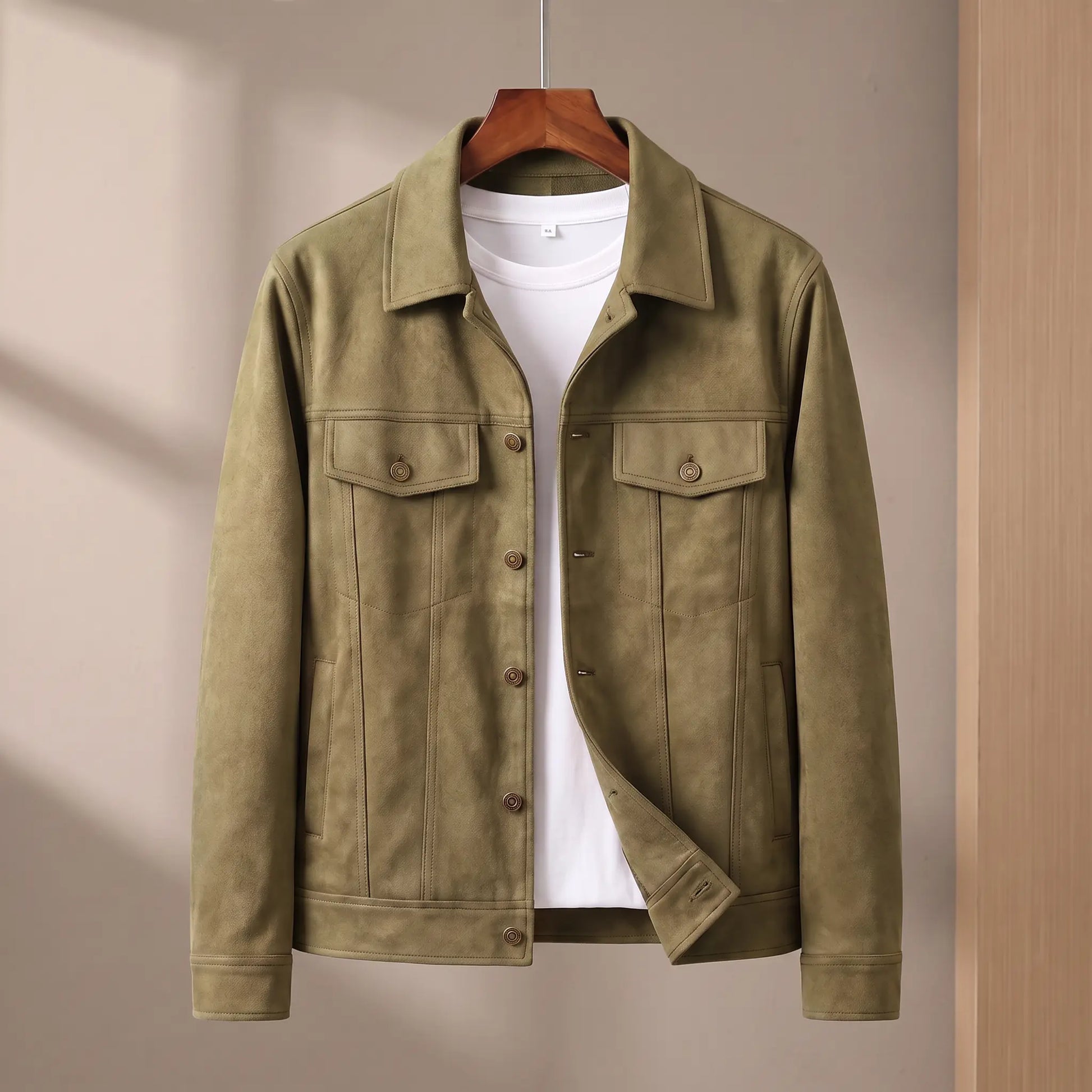 Green suede lapel jacket on wooden hanger