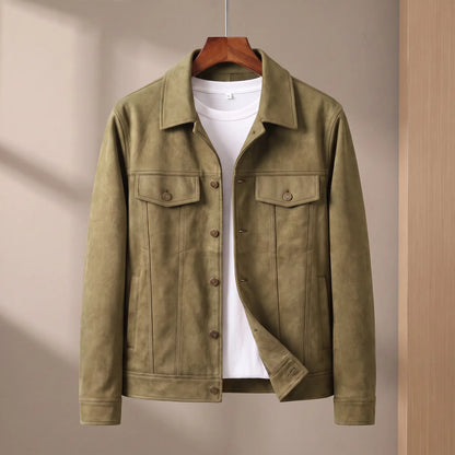Green suede lapel jacket on wooden hanger